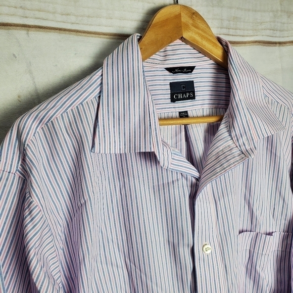 Chaps Non Iron Classic Fit Pink Blue Striped Button Down Dress Shirt Size 18 - Picture 2 of 10